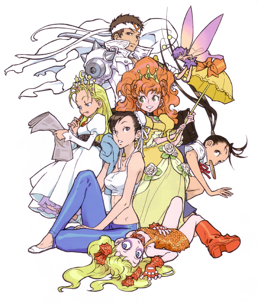 6+girls boots bow capcom character_request chun-li clothes_writing company_connection crossover crown cyberbots devilot_de_deathsatan_ix dress effie fairy fingerless_gloves food gaia_master gloves headband highres ibuki_(street_fighter) lying multiple_girls newspaper nishimura_kinu official_art parasol princess_tiara saotome_jin simple_background sitting street_fighter toast tongue towel twintails umbrella wings