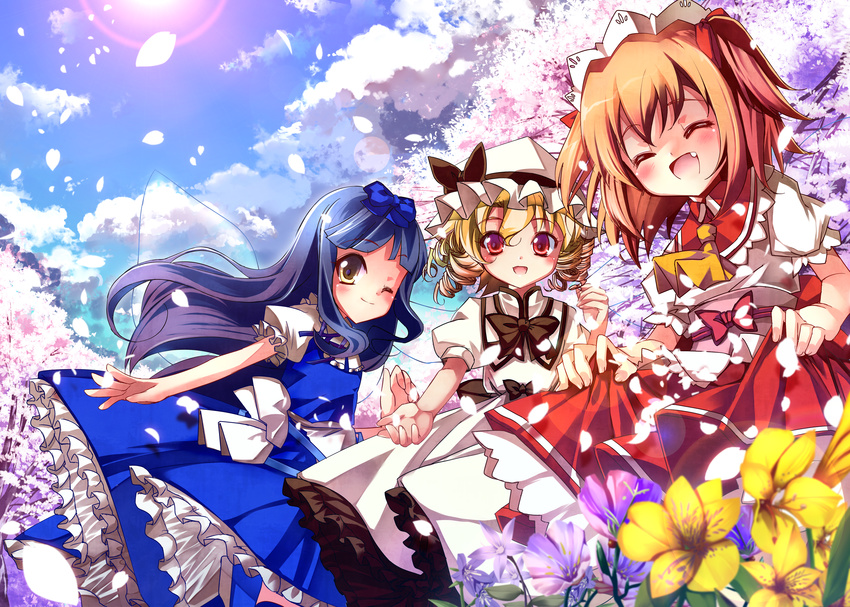 ^_^ ascot black_hair blonde_hair bow bowtie cherry_blossoms closed_eyes fairy_wings fang flower happy hat highres long_hair looking_at_viewer luna_child multiple_girls one_eye_closed open_mouth red_eyes sho_(runatic_moon) short_hair skirt_hold smile star_sapphire sunny_milk touhou twintails wings yellow_eyes yousei_daisensou