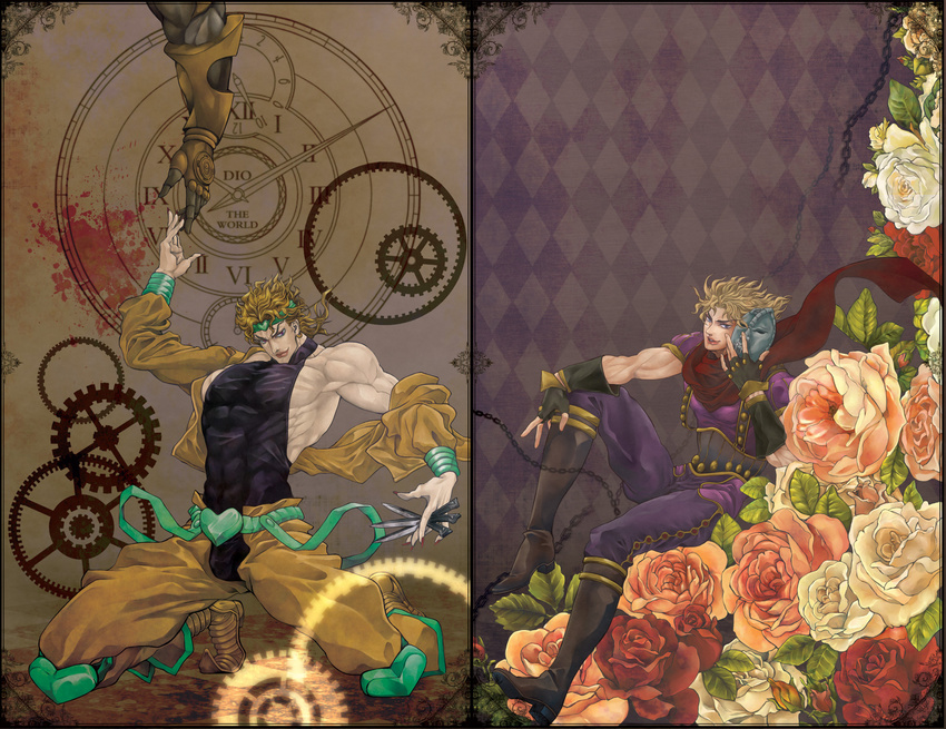 aya_(sabaneko) blonde_hair clock dio_brando dual_persona flower gears headband highres jojo_no_kimyou_na_bouken knife male_focus mask multiple_boys muscle pink_flower pink_rose pose red_flower red_rose rose scarf stand_(jojo) stardust_crusaders stone_mask_(jojo) the_world white_flower white_rose