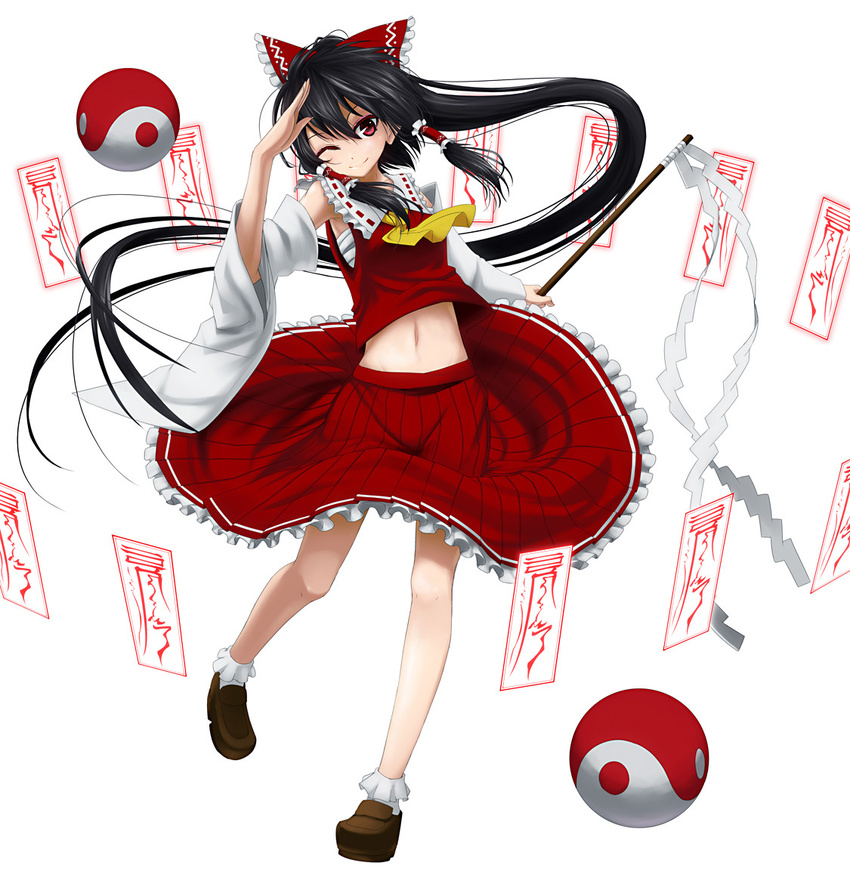 armpits black_hair bow detached_sleeves din_(flypaper) hair_bow hakurei_reimu legs long_hair navel ofuda one_eye_closed red_eyes sarashi solo touhou yin_yang