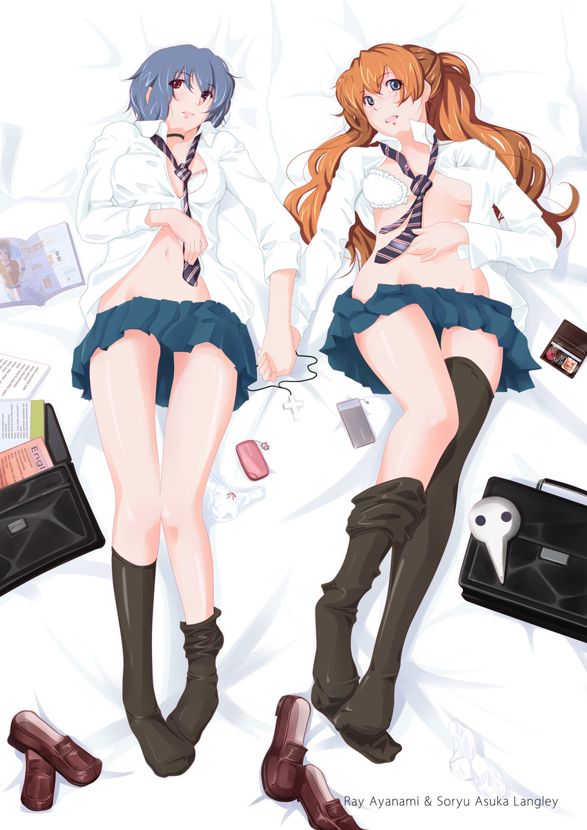 ayanami_rei bag black_legwear blue_eyes blue_hair book bow bow_panties breasts cellphone choker cross highres holding_hands legs loafers long_hair loose_thighhigh lying medium_breasts multiple_girls navel necktie neon_genesis_evangelion nerv no_panties on_back open_clothes open_mouth orange_hair panties phone red_eyes school_bag school_uniform shikinami_asuka_langley shoes short_hair skirt souryuu_asuka_langley thighhighs tsuka_(blind_side) underwear wallet white_panties yuri