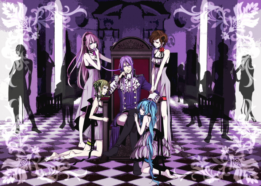 4girls aqua_eyes aqua_hair bad_id bad_pixiv_id barefoot brown_eyes brown_hair checkered checkered_floor cleavage_cutout cravat crossed_legs dress evillious_nendaiki green_hair gumi gumina_glassred harem hatsune_miku highres kamui_gakupo kneeling long_hair lukana_octo maylis_beelzenia megurine_luka meiko mikulia_calgaround multiple_girls official_art pink_hair purple_eyes purple_hair sateriasis_venomania short_hair silhouette sitting smile suzunosuke_(sagula) throne twintails venomania_kou_no_kyouki_(vocaloid) vocaloid