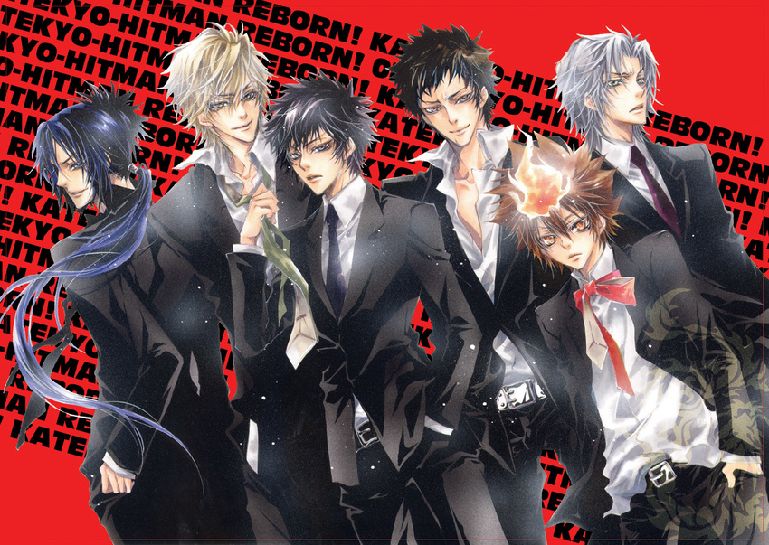 black_hair blonde_hair blue_eyes blue_hair bow brown_eyes brown_hair dino_(reborn) fire gokudera_hayato hibari_kyouya katekyo_hitman_reborn! lee_sun_young long_hair male_focus multiple_boys necktie ponytail rokudou_mukuro sawada_tsunayoshi silver_hair yamamoto_takeshi yellow_eyes