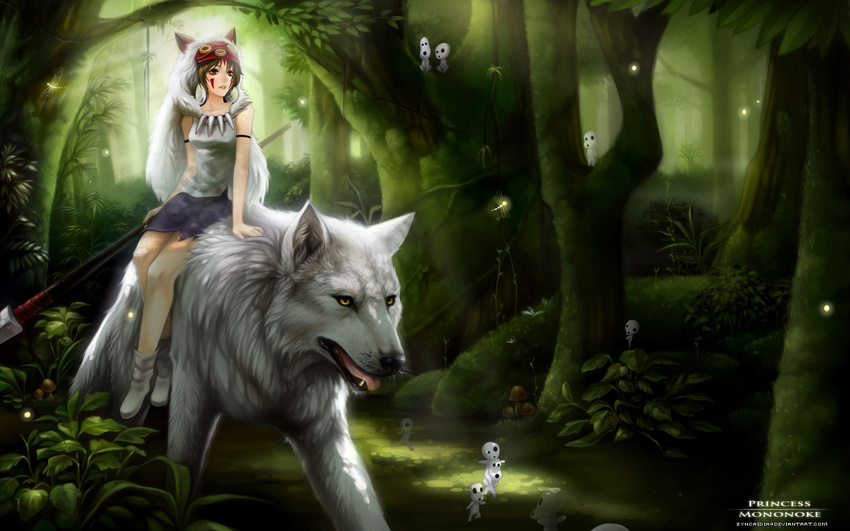 animal bare_arms forest jewelry kodama mononoke_hime nature necklace polearm riding san spear syncaidia wallpaper watermark weapon web_address wolf