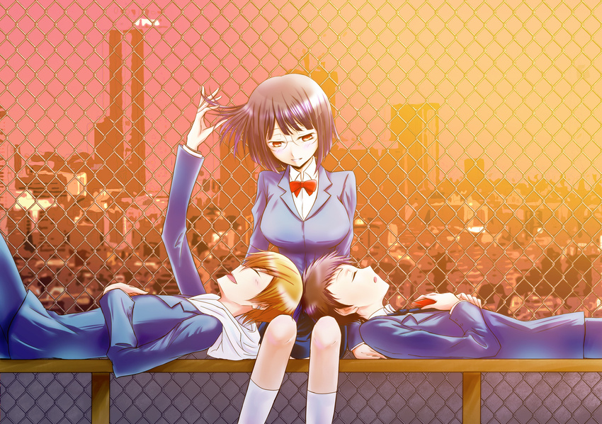 2boys black_hair blonde_hair bob_cut breasts building chain-link_fence city cityscape closed_eyes durarara!! fence glasses kida_masaomi lap_pillow large_breasts multiple_boys red_eyes ryuugamine_mikado school_uniform short_hair sonohara_anri sunset suzuna_(kiss_log)