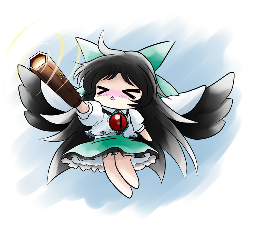 &gt;_&lt; :&lt; arm_cannon blush cape chibi closed_eyes highres open_mouth radiation_symbol reiuji_utsuho solo touhou weapon wings yume_shokunin