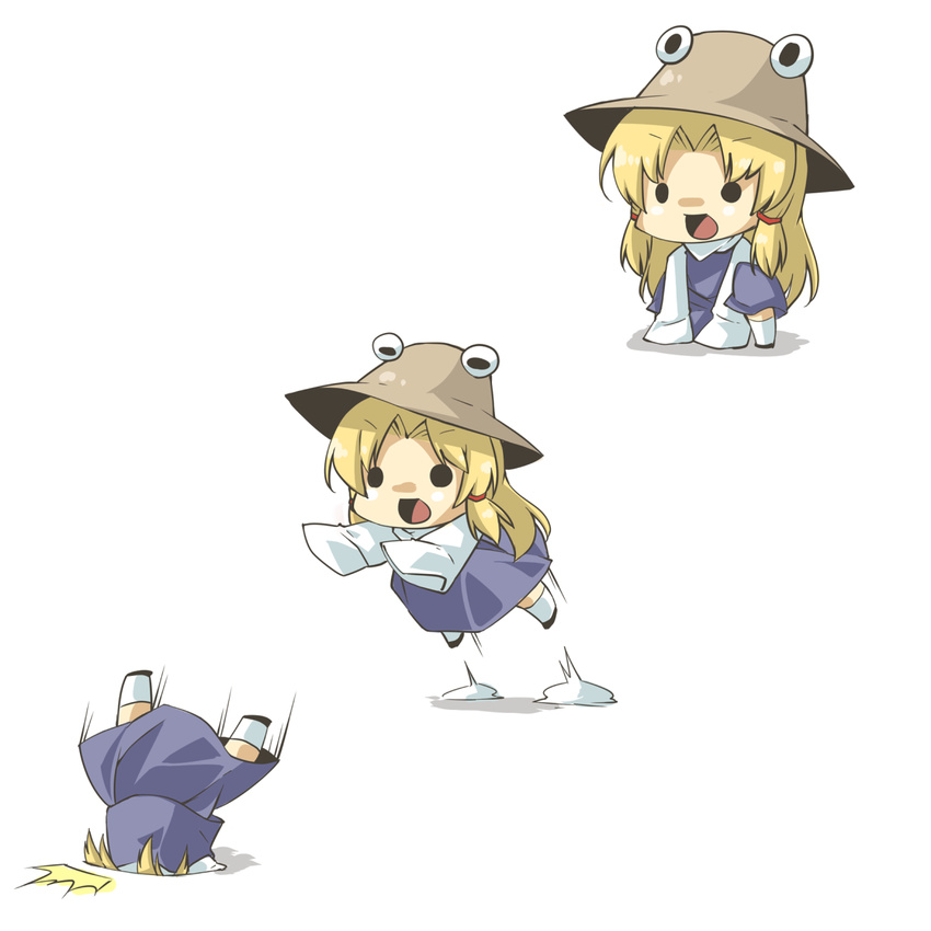 1girl bad_id bad_pixiv_id blonde_hair chibi eiri_(eirri) eyes gameplay_mechanics hat highres jumping moriya_suwako pain parody sequential short_hair sleeves_past_wrists solo squatting touhou touhou_hisoutensoku