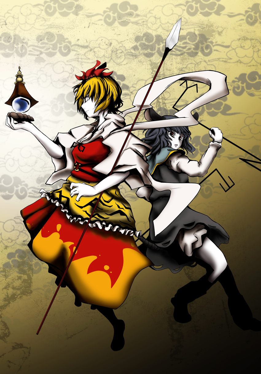 animal_ears animal_print back-to-back bishamonten's_pagoda bishamonten's_spear blonde_hair dress grey_hair hair_ornament highres mouse_ears multiple_girls nazrin pale_skin polearm red_eyes rod short_hair spear tiger_print toramaru_shou touhou weapon yaruku yellow_eyes