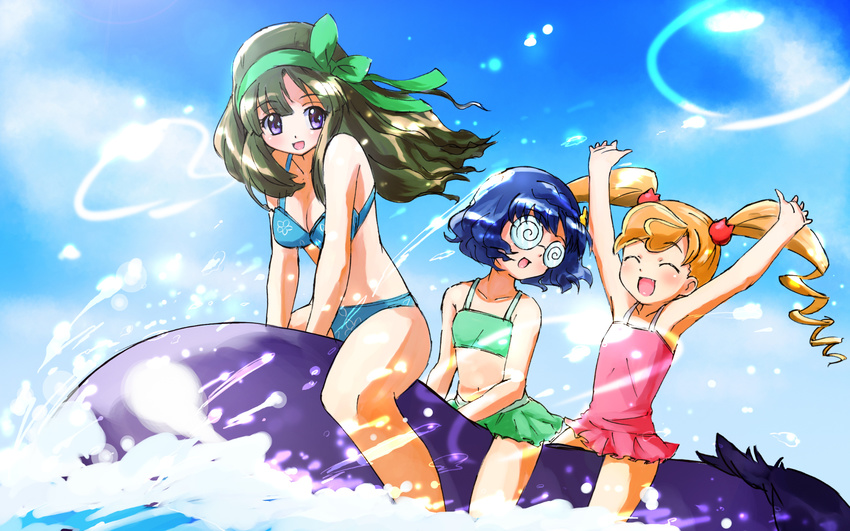 anyamal_tantei_kirumin_zoo bad_id bad_pixiv_id bikini blonde_hair blue_eyes blue_hair casual_one-piece_swimsuit eggplant glasses green_hair hairband highres long_hair mikogami_nagisa mikogami_riko mikogami_rimu multiple_girls multiple_riders nyama one-piece_swimsuit riding short_hair siblings sisters swimsuit twintails wallpaper