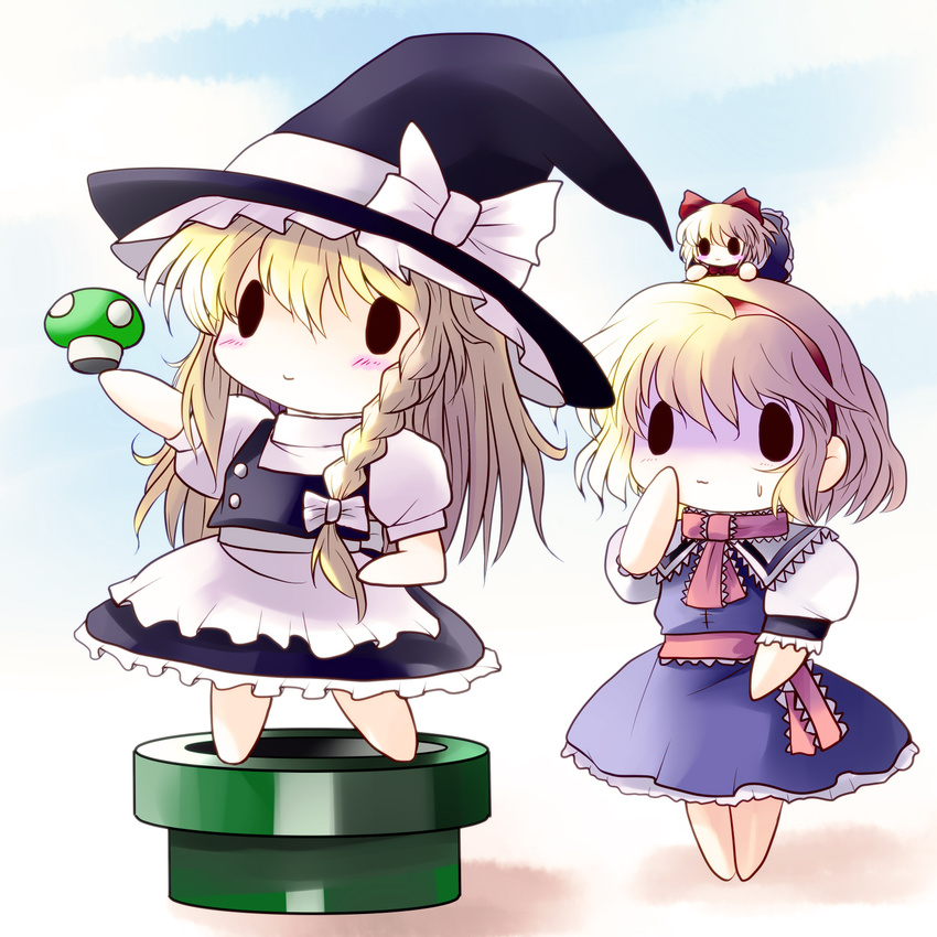 2girls alice_margatroid chibi hat highres kirisame_marisa mario_(series) multiple_girls mushroom object_on_head parody shanghai_doll smile super_mario_bros. touhou warp_pipe yume_shokunin