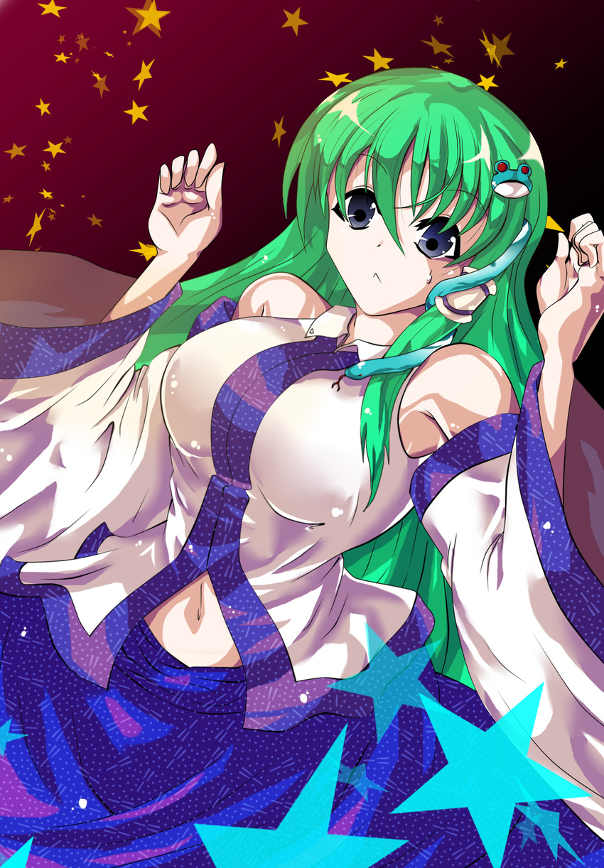 :&lt; bad_id bad_pixiv_id bare_shoulders blue_hair breasts detached_sleeves frog green_hair hair_ornament hairclip highres kochiya_sanae large_breasts long_hair navel snake solo sousakubito star touhou