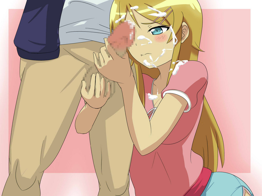 blonde_hair blue_eyes censored cum handjob kirino_kosaka kneeling kousaka_kirino kyosuke_kosaka my_little_sister_cant_be_this_cute ore_no_imouto_ga_konna_ni_kawaii_wake_ga_nai penis