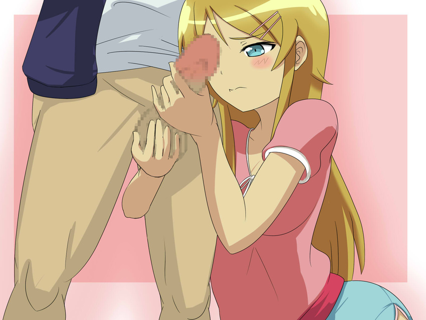 blonde_hair blue_eyes censored handjob highres kirino_kosaka kneeling kousaka_kirino kyosuke_kosaka my_little_sister_cant_be_this_cute ore_no_imouto_ga_konna_ni_kawaii_wake_ga_nai penis