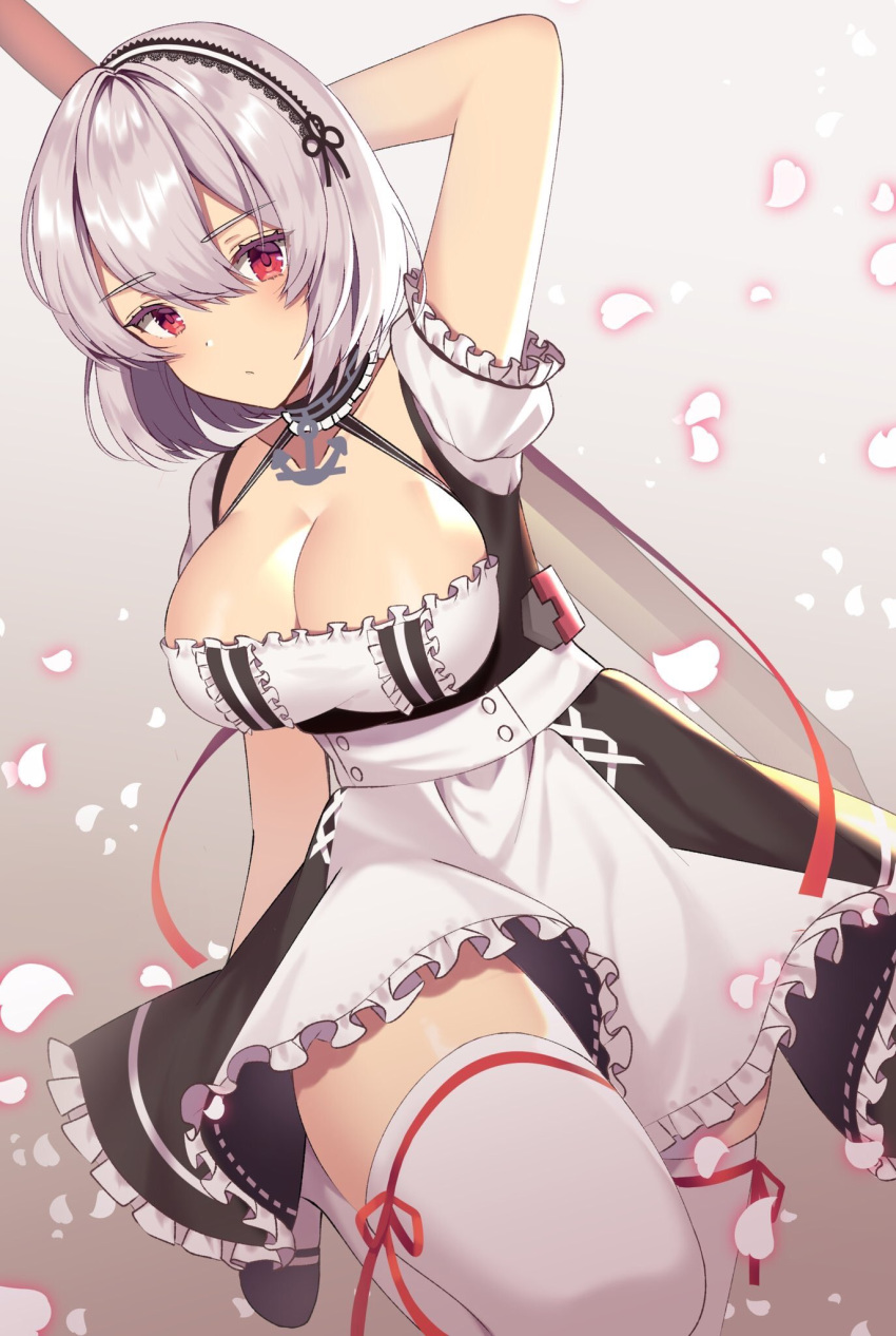 1girl anchor_symbol arm_up arms_behind_back azur_lane breasts brown_background cleavage collar commentary_request expressionless highres izumo_neru large_breasts leg_up looking_at_viewer maid_bikini petals red_eyes shoes short_hair sirius_(azur_lane) solo thighhighs weapon white_hair white_legwear