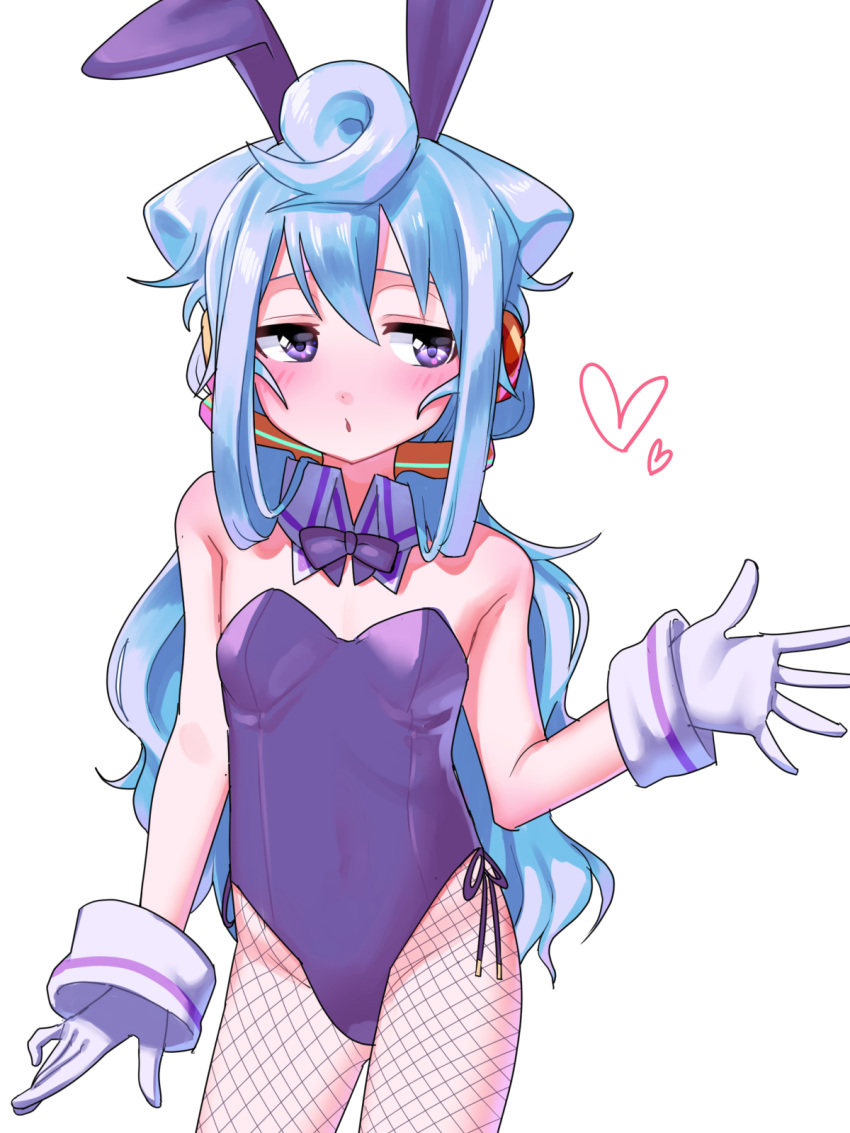 ahoge animal_ears bare_shoulders blue_hair blush bulge bunny_ears bunnyboy bunnysuit cogara crossover detached_collar fishnet_pantyhose fishnets gloves hacka_doll hacka_doll_3 highres leotard long_hair looking_to_the_side male_focus pantyhose purple_eyes solo strapless strapless_leotard trap white_gloves