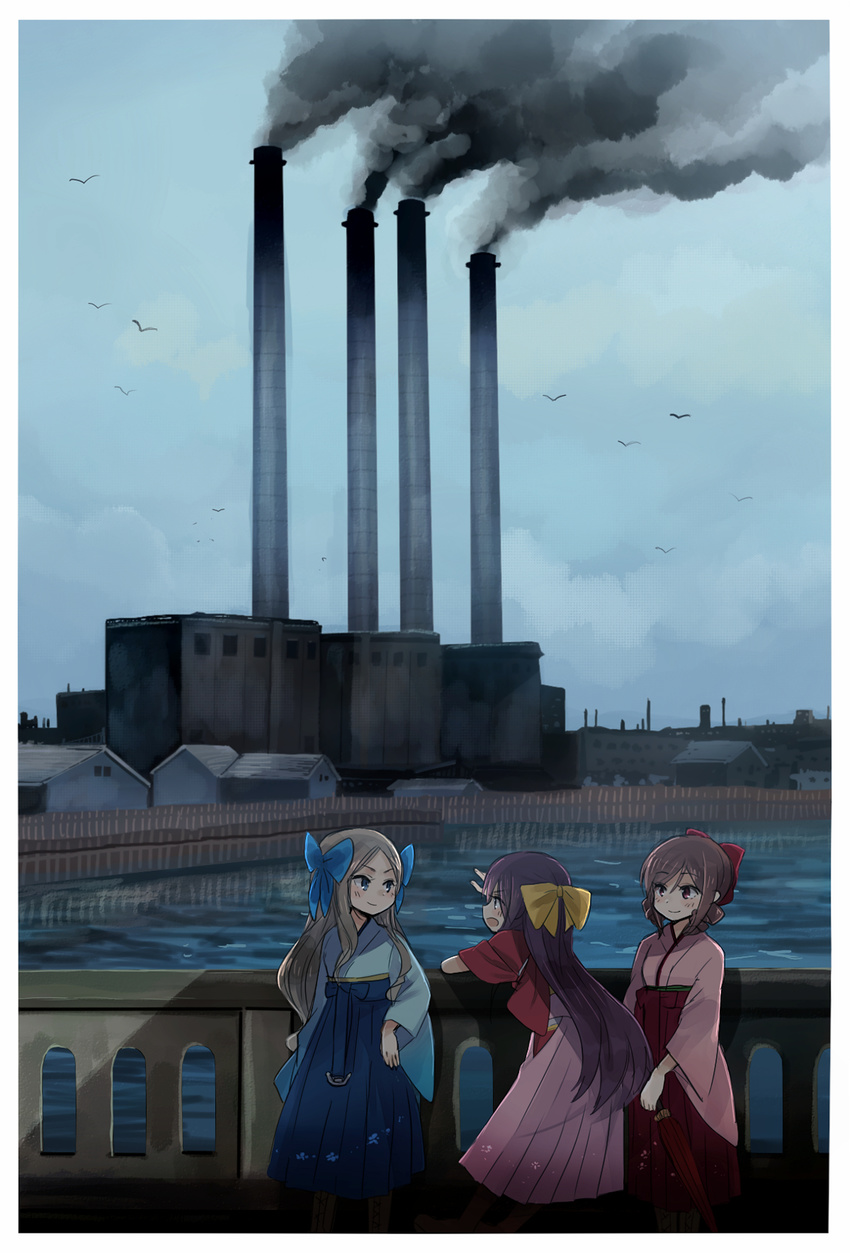 against_railing anchor annin_musou asakaze_(kantai_collection) bad_id bad_pixiv_id bird bow brown_eyes brown_hair building comic commentary drill_hair factory fence green_eyes hair_bow hair_ornament hakama harukaze_(kantai_collection) highres japanese_clothes kamikaze_(kantai_collection) kantai_collection kimono leaning_on_object light_brown_hair long_hair long_sleeves meiji_schoolgirl_uniform multiple_girls open_mouth pointing powerplant purple_hair senju_thermal_power_station sidelocks sleeves_rolled_up smile smoke smokestack twin_drills water wide_sleeves