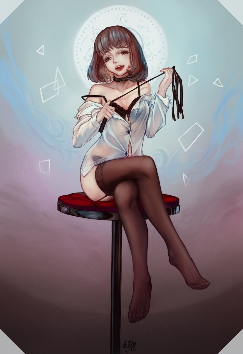 903506307 absurdres bra breasts collar collarbone crossed_legs dominatrix feet femdom full_body highres looking_at_viewer no_shoes original partially_undressed see-through sitting sitting_on_object skirt solo thighhighs underwear undressing whip