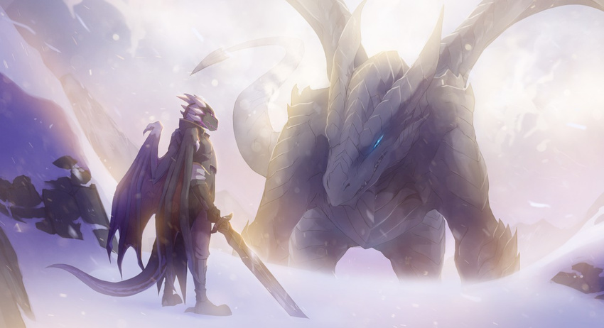 2017 anthro biped black_horn black_scales black_tail blue_eyes clothed clothing detailed_background digital_media_(artwork) dragon duo feral holding_object holding_weapon horn indui larger_male male melee_weapon membranous_wings mountain outside quadruped scales scalie size_difference smaller_male snout snow snowing spade_tail standing sword weapon white_horn wings