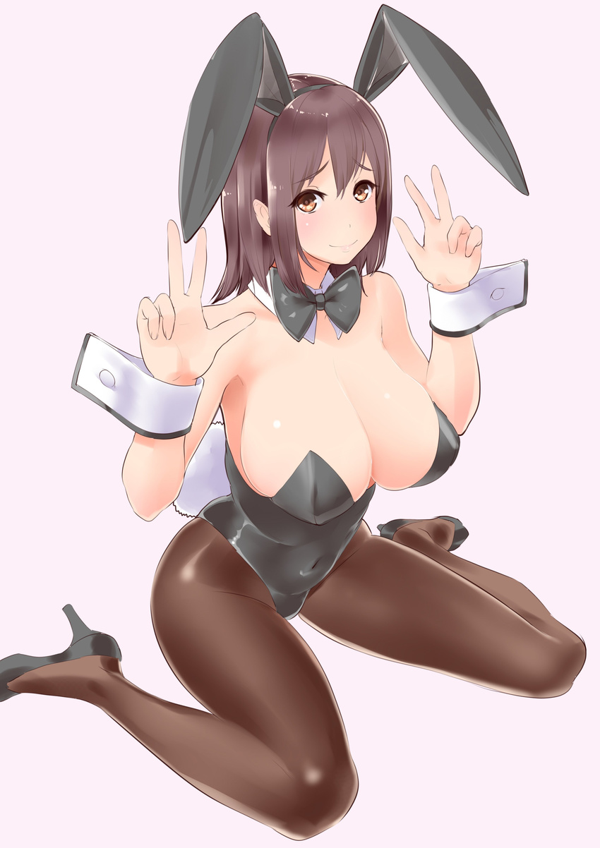 absurdres animal_ears bare_shoulders blush bow bowtie breasts brown_eyes brown_hair brown_legwear bunny_ears bunny_girl bunny_tail bunnysuit character_request covered_navel detached_collar double_v fake_animal_ears high_heels highres large_breasts leotard pantyhose short_hair simple_background sitting smile solo tail ueda_torini v wariza wrist_cuffs