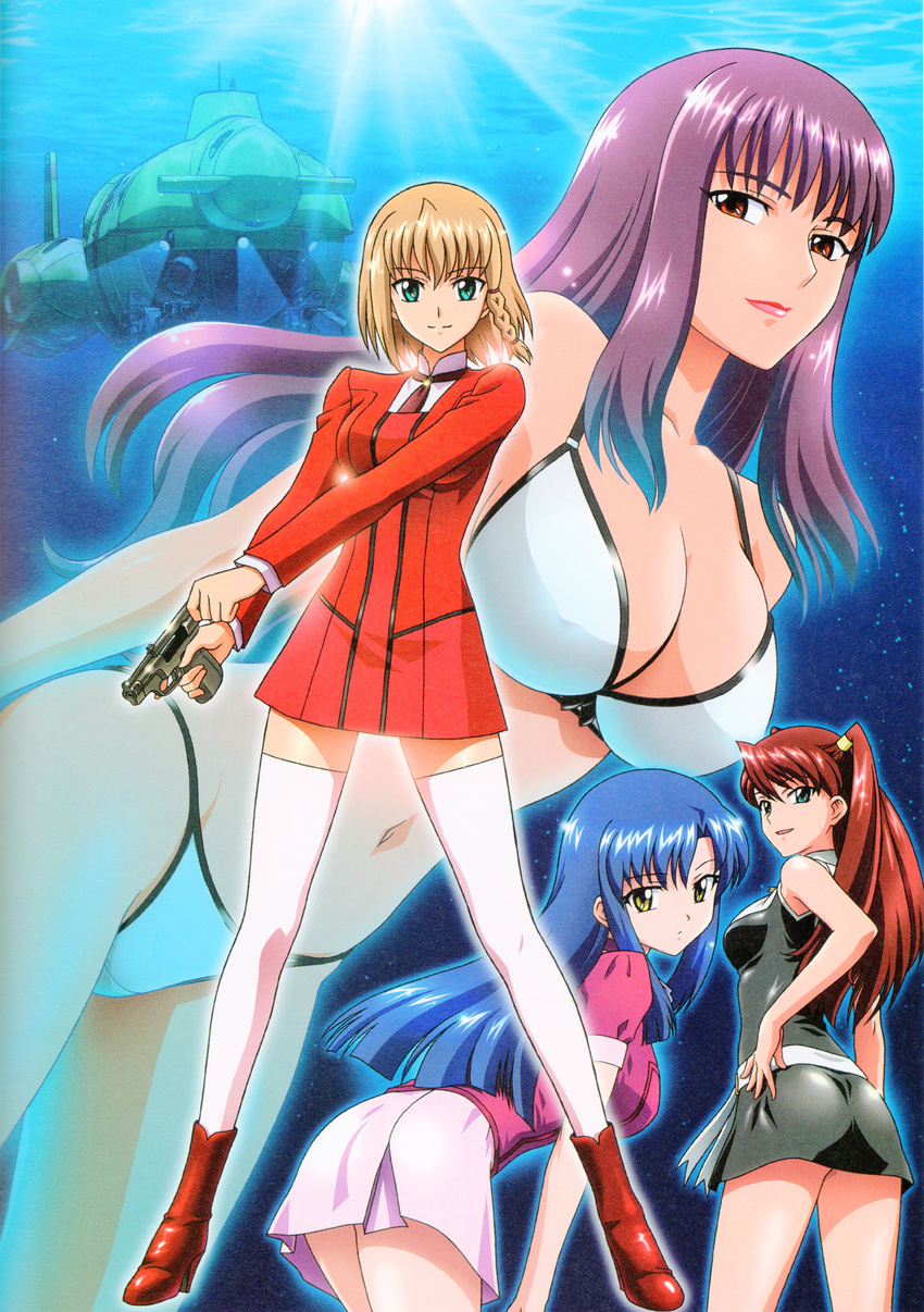 00s 4girls 90s agent_aika aika_r-16 ass bikini blonde_hair blue_eyes blue_hair blush breasts brown_eyes brown_hair cleavage curvy female green_eyes gun highres holding large_breasts long_hair looking_at_viewer looking_back minamino_karen multiple_girls navel nipples official_art open_mouth risako_nagisa scan shingai_eri shoes short_hair sideboob skirt smile sumeragi_aika swimsuit water weapon yamauchi_noriyasu yellow_eyes