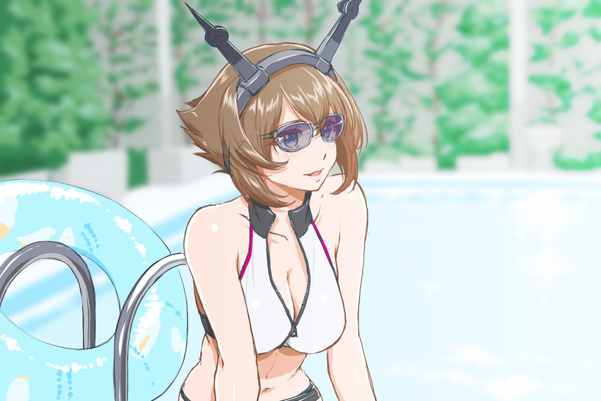 alternate_costume bare_shoulders bikini blue_eyes blurry breasts brown_hair cleavage collarbone commentary_request depth_of_field derivative_work from_side hair_between_eyes hairband headgear innertube kantai_collection large_breasts looking_to_the_side mita_kurumi mutsu_(kantai_collection) navel parted_lips pool short_hair smile solo stomach sunglasses swimsuit unzipped upper_body white_bikini