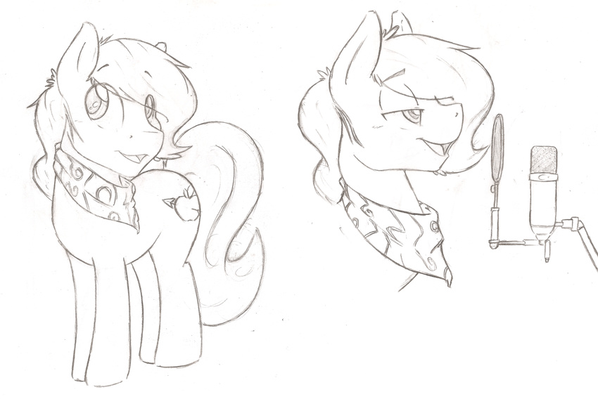 ambiguous_gender bandanna cutie_mark denzeltip earth_pony equine feral horse mammal microphone monochrome my_little_pony pony smile solo