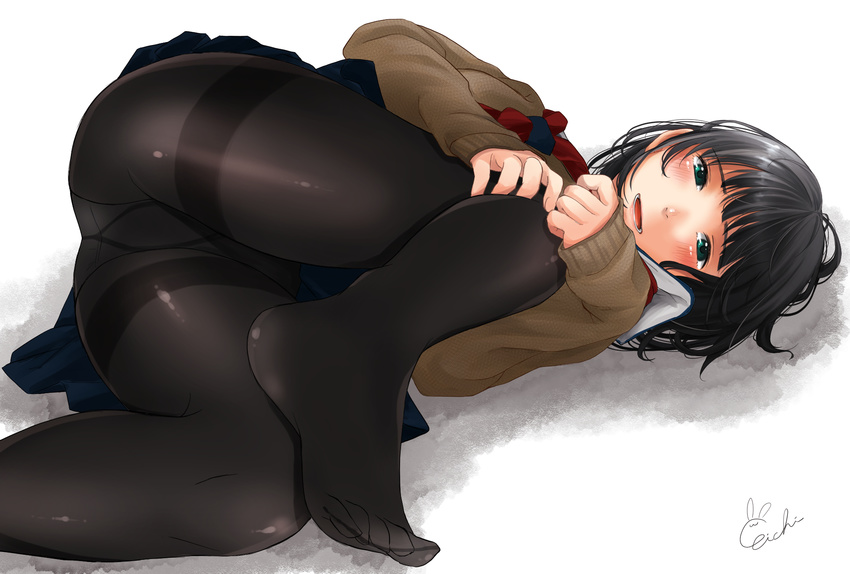 aoki_eichi artist_name bangs black_hair black_legwear blue_skirt blush cardigan commentary eyebrows_visible_through_hair feet green_eyes gusset hand_on_own_knee hands_on_own_knee highres kamiyama_aya_(style) looking_at_viewer lying neckerchief no_shoes on_side original pantyhose parted_lips pleated_skirt school_uniform signature simple_background skirt sleeves_past_wrists smile solo teeth thighband_pantyhose thighs white_background