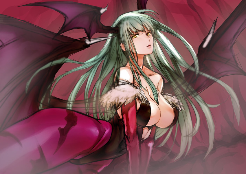 animal_print bare_shoulders bat_print bat_wings breasts collarbone demon_girl fur_trim green_hair head_wings huge_breasts long_hair morrigan_aensland nishiide_kengorou pantyhose print_legwear purple_wings solo succubus vampire_(game) wings