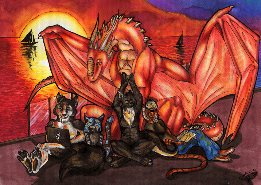 2012 anthro blonde_hair canine cat detailed_background dragon eyes_closed feline female feral group hair horn male mammal membranous_wings natoli nude outside red_eyes smile spines sunset traditional_media_(artwork) wings wolf