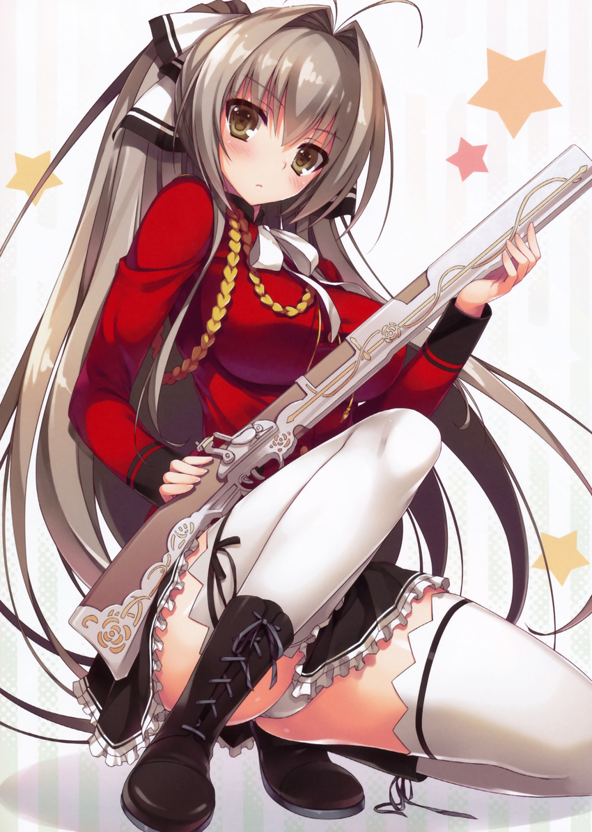 absurdres aiguillette amagi_brilliant_park antenna_hair black_ribbon blush boots breasts brown_eyes brown_hair cross-laced_footwear frilled_skirt frills gun hair_intakes hair_ribbon highres huge_filesize lace-up_boots large_breasts long_hair military military_uniform musket panties pantyshot pantyshot_(squatting) ribbon scan sento_isuzu skirt solo squatting star striped striped_background thigh_ribbon thighhighs tomose_shunsaku underwear uniform vertical-striped_background vertical_stripes very_long_hair weapon white_legwear white_ribbon