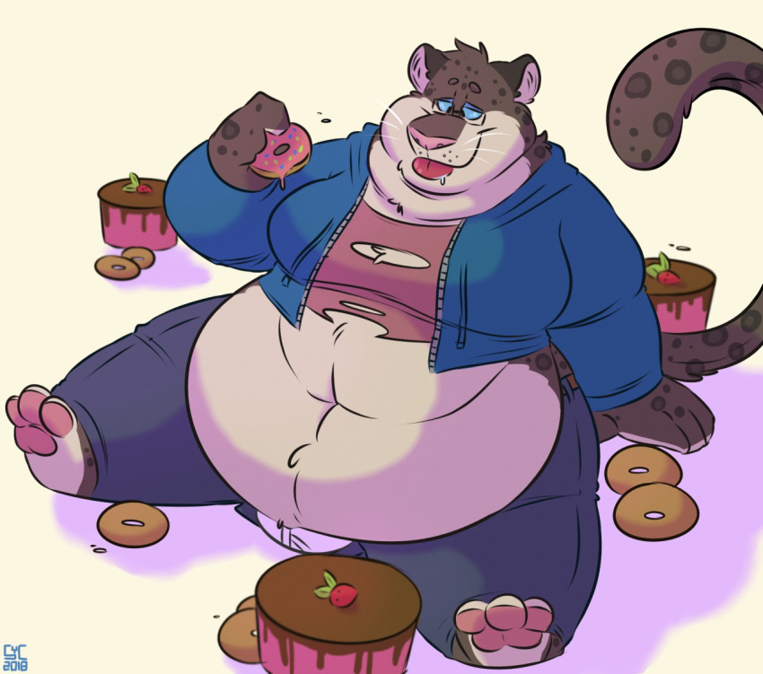 anthro barefoot belly belly_overhang big_belly blue_eyes bulge cake chubby_cheeks clothing double_chin doughnut eyewear feline food fur glasses holding_food holding_object leopard love_handles male mammal midriff moobs navel obese obese_male open_hoodie overweight overweight_male pawpads saliva simple_background sitting smile solo spots spotted_fur syc thick_thighs tongue tongue_out torn_clothing whiskers white_background
