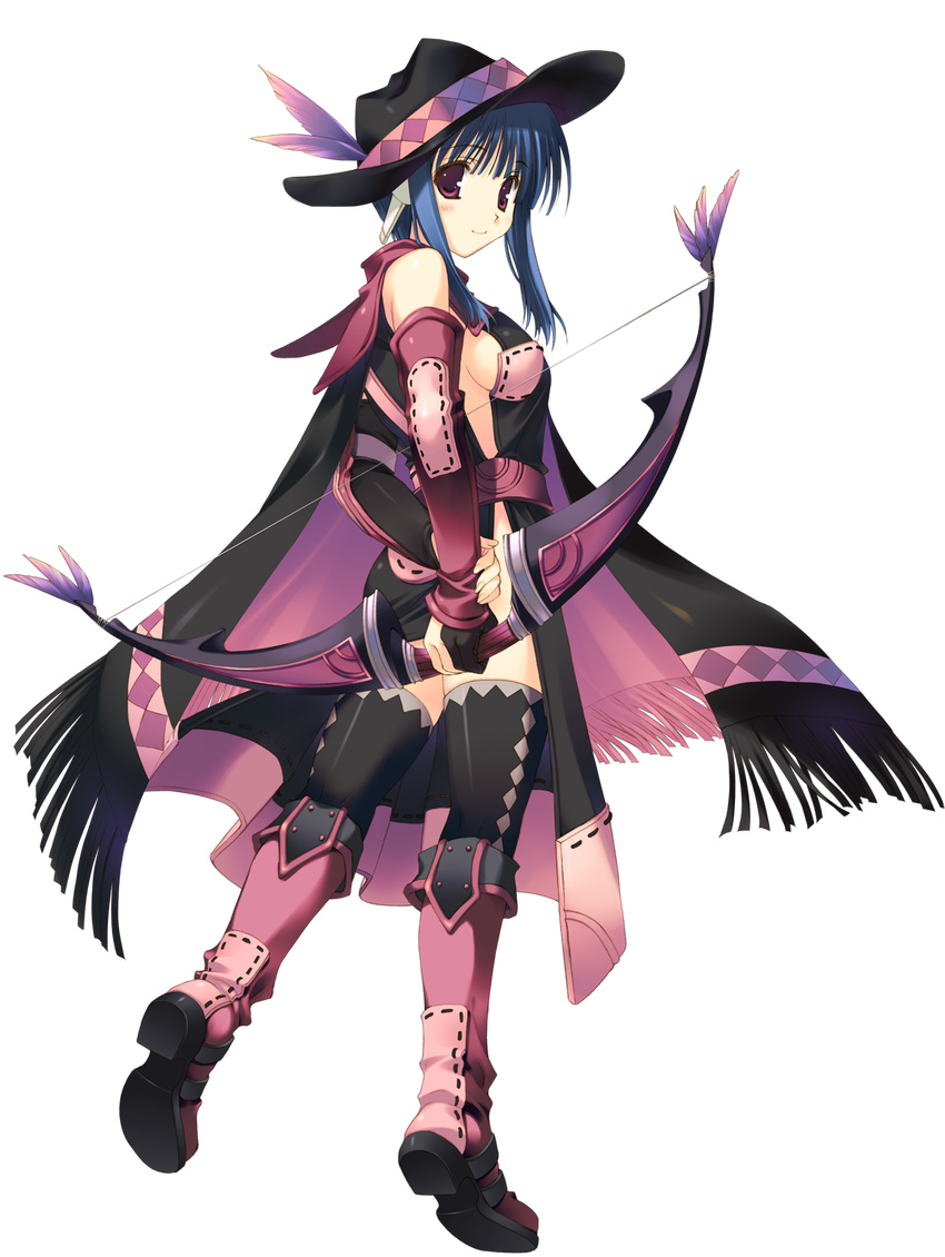 android argyle argyle_legwear arms_behind_back ass bangs bare_shoulders belt black_cape black_dress black_gloves black_hat black_legwear blue_hair blunt_bangs blush boots bow_(weapon) breasts cape closed_mouth detached_sleeves dress elbow_pads eyebrows_visible_through_hair feathers fringe_trim from_side full_body gloves gradient hat hat_feather highres holding holding_arm holding_bow_(weapon) holding_weapon ilfa knee_boots kneepits light_smile looking_at_viewer looking_back medium_breasts mitsumi_misato no_bra no_panties partly_fingerless_gloves pink_cape pink_footwear purple_eyes ribbon_trim robot_ears short_hair_with_long_locks side_slit sideboob sidelocks single_glove smile solo standing taut_clothes tiptoes to_heart_2 to_heart_2_dungeon_travelers transparent_background weapon yugake