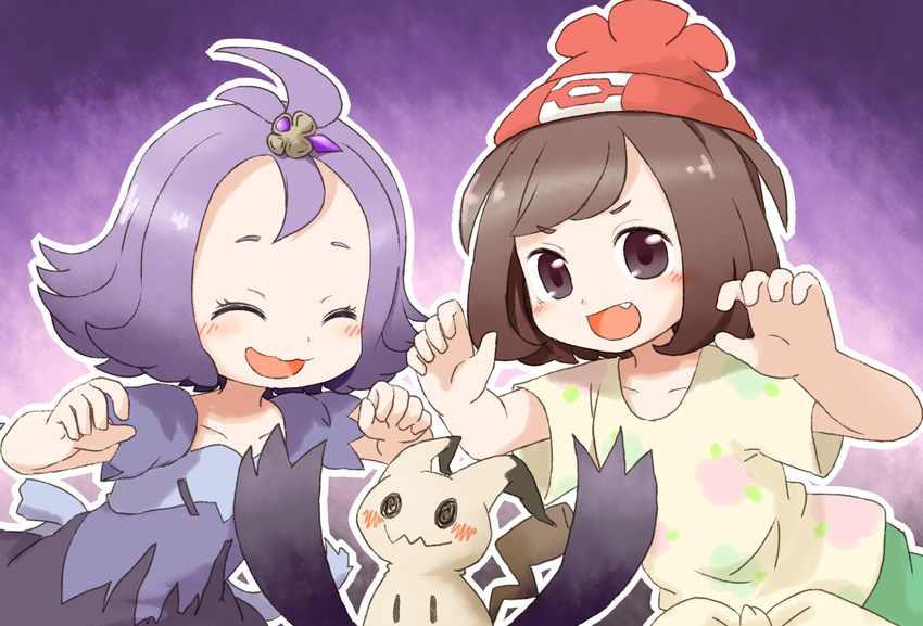 acerola_(pokemon) beanie black_eyes black_hair closed_eyes dress elite_four fang gen_7_pokemon hair_ornament half_updo hat mimikyu mizuki_(pokemon) multicolored multicolored_clothes multicolored_dress multiple_girls open_mouth pokemon pokemon_(creature) pokemon_(game) pokemon_sm purple_hair red_hat shirt short_hair short_sleeves stitches tamute_(2580rs) tied_shirt trial_captain