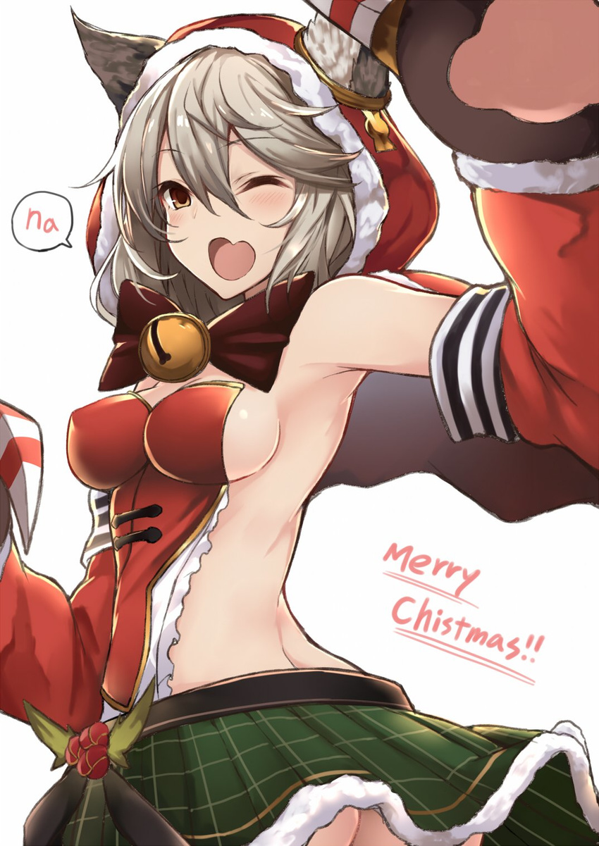 ;d animal_ears armpits ass bangs bell blush breasts brown_eyes claws commentary_request cowboy_shot erune eyebrows_visible_through_hair fang from_behind fur_trim granblue_fantasy green_skirt grey_hair hair_between_eyes highres jingle_bell kurifuto looking_at_viewer medium_breasts merry_christmas one_eye_closed open_mouth paw_pose paws pleated_skirt santa_costume sen_(granblue_fantasy) sideboob simple_background skirt smile solo speech_bubble white_background