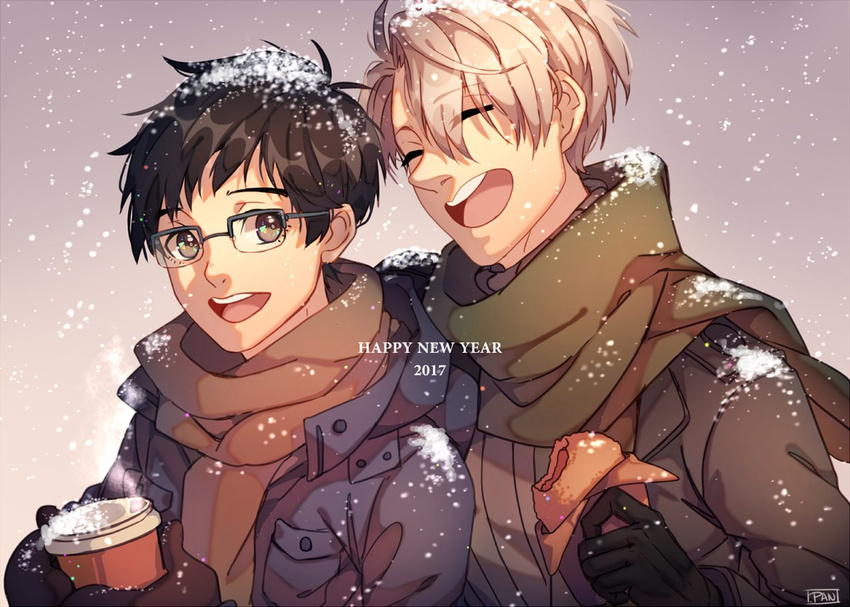 2boys black_hair brown_eyes brown_scarf closed_eyes coffee_cup cup disposable_cup downscaled food glasses gloves green_scarf grey_hair happy_new_year jacket katsuki_yuuri laughing male_focus md5_mismatch mittens multiple_boys new_year open_clothes open_jacket open_mouth pan_(pandora_requiem) resized scarf semi-rimless_eyewear smile snow sparkling_eyes viktor_nikiforov yuri!!!_on_ice