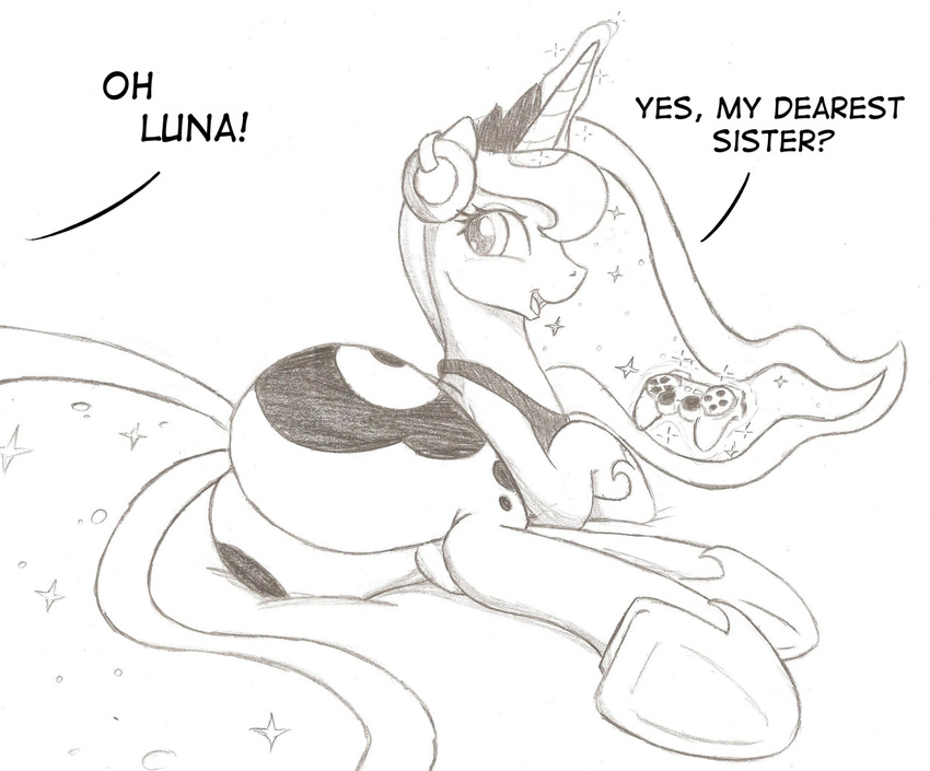 big_butt butt denzeltip english_text equine female feral friendship_is_magic horn lying magic mammal monochrome my_little_pony on_side princess_luna_(mlp) smile solo text unicorn video_games