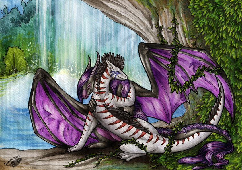 2012 claws day detailed_background dragon duo female feral hair horn hug male membranous_wings natoli nude outside purple_hair smile standing traditional_media_(artwork) water waterfall wings