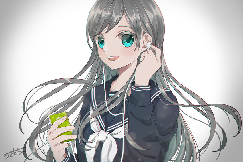 artist_name bangs black_serafuku chromatic_aberration commentary_request digital_media_player earbuds earphones floating_hair green_eyes grey_background grey_hair highres holding ipod lens_flare_abuse listening_to_music looking_at_viewer neckerchief open_mouth original school_uniform serafuku signature single_earphone_removed smile solo upper_body usamochi. white_neckwear