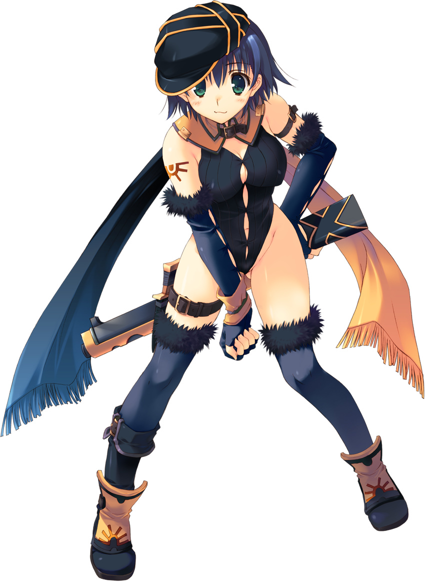 black_legwear blue_hair breasts elbow_gloves fingerless_gloves full_body fur_trim gloves green_eyes hand_on_hip hat highres large_breasts leaning_forward leotard looking_at_viewer mitsumi_misato short_hair smile solo standing tattoo to_heart_2 to_heart_2_dungeon_travelers tonami_yuma transparent_background
