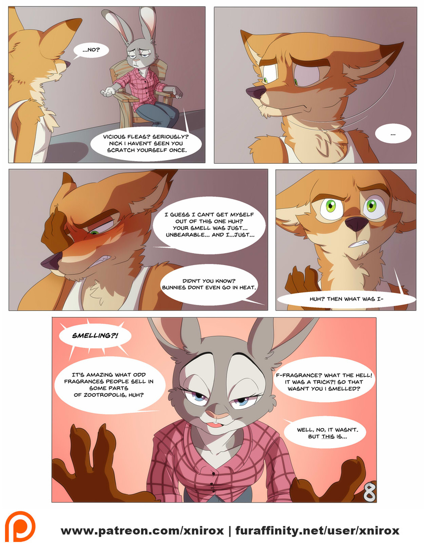 2016 anthro bed canine clothed clothing comic disney duo english_text female fox fur grey_fur judy_hopps lagomorph male mammal nick_wilde patreon rabbit red_fur speech_bubble text xnirox zootopia