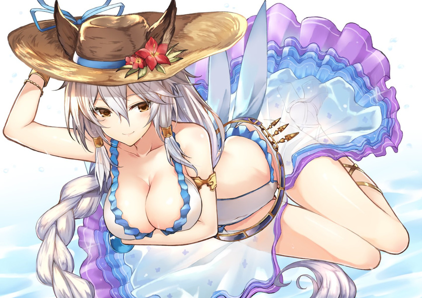 animal_ears bangs bracelet braid breasts brown_eyes cleavage closed_mouth commentary_request covered_navel ears_through_headwear erune eyebrows_visible_through_hair frilled_swimsuit frills granblue_fantasy hair_between_eyes hair_tubes hand_on_headwear hat heles hips jewelry kurifuto large_breasts long_hair looking_at_viewer one-piece_swimsuit sandals see-through silver_hair single_braid smile solo sun_hat swimsuit thighs white_swimsuit