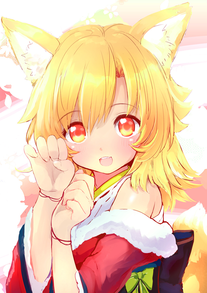 absurdres animal_ear_fluff animal_ears bare_shoulders blonde_hair blush fox_ears fox_tail futaba_akane heart highres japanese_clothes long_hair looking_at_viewer naomi_(sekai_no_hate_no_kissaten) open_mouth original paw_pose red_eyes smile solo tail