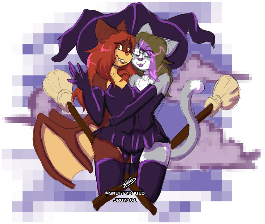 anthro bat bulge cat clothed clothing costume cute digital_media_(artwork) eyewear fangs feline fur girly glasses hair jroy101 looking_at_viewer magic magic_user male male/male mammal roi simple_background skirt smile tongue tongue_out witch