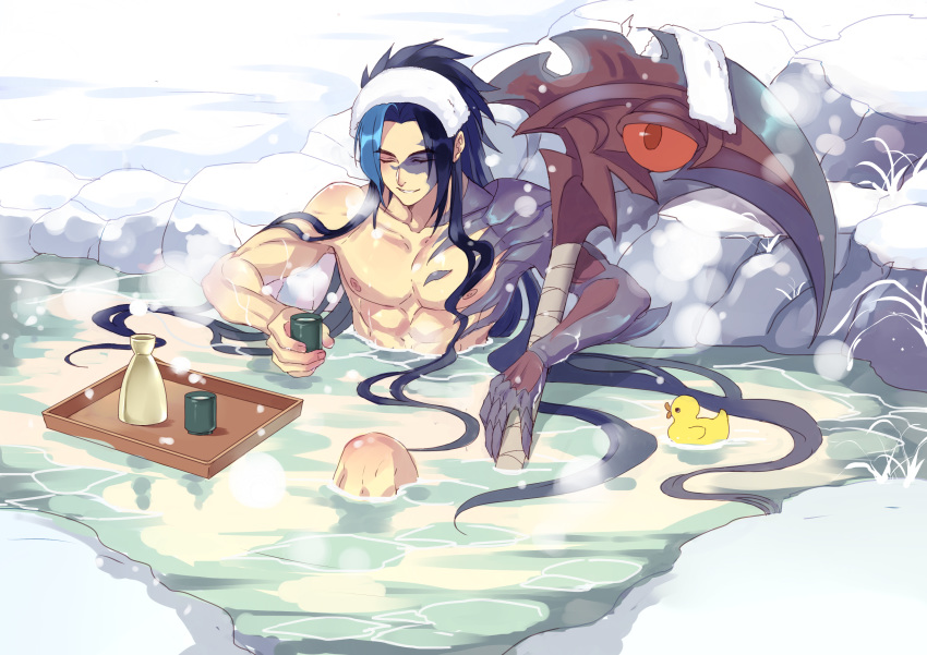 absurdres aduan bandage blue_hair bottle cup eyebrows_visible_through_hair eyes_closed floating floating_hair highres holding holding_cup in_water kayn league_of_legends lens_flare light_blue_hair multicolored_hair muscle onsen red_eyes rock rubber_duck sake_bottle scythe sitting snow steam towel towel_on_head water water_surface weapon wet