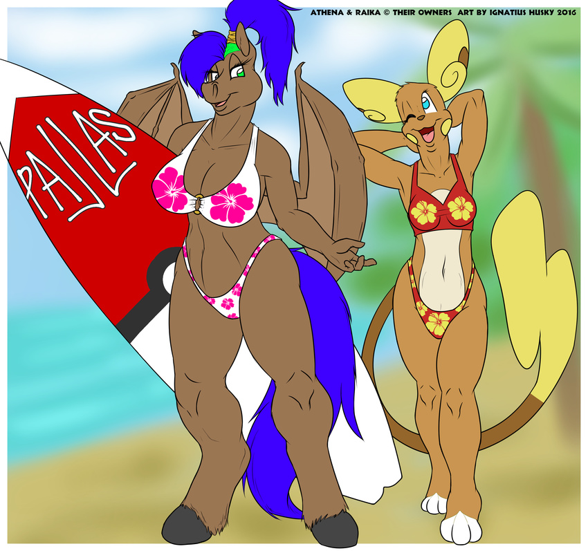 2016 absurd_res alolan_raichu anthro armpits athena_pallas_darkrose beach big_breasts bikini blue_eyes blue_hair border breast_size_difference breasts cleavage clothed clothing dragon duo equine female green_eyes green_hair grey_eye hair hairband hands_behind_back heterochromic_eyes hi_res horse hybrid ignatius_husky mammal membranous_wings nintendo one_eye_closed open_mouth open_smile palm_tree pegasus pok&eacute;mon ponytail raichu raika_chulaine seaside smile standing surfboard swimsuit tree video_games white_border wings wink