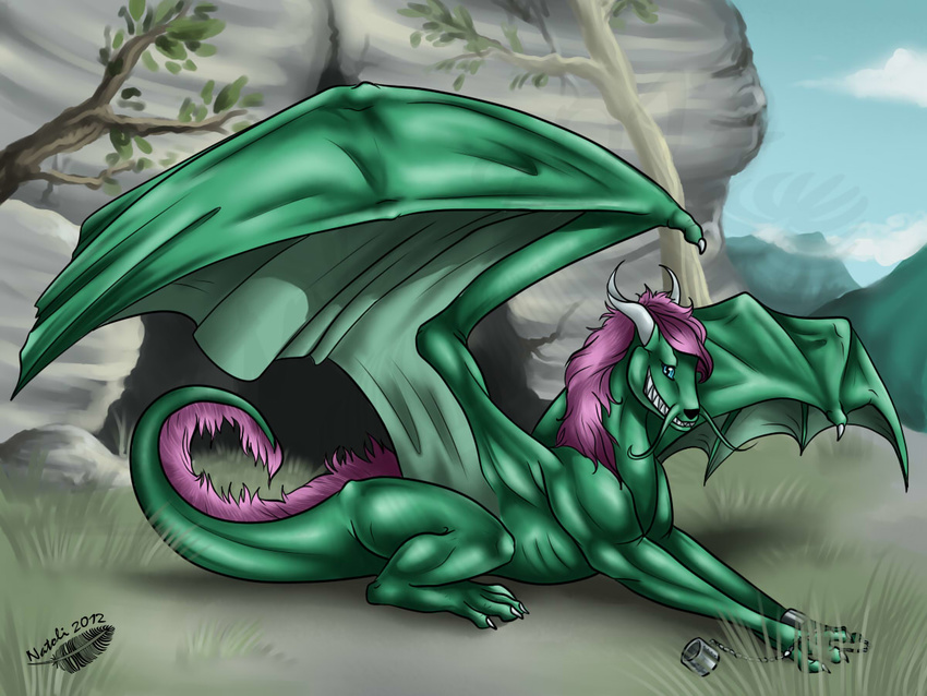 2012 blue_eyes day detailed_background digital_media_(artwork) dragon feral grass green_skin hair horn lying membranous_wings natoli nude outside purple_hair sky smile watermark wings