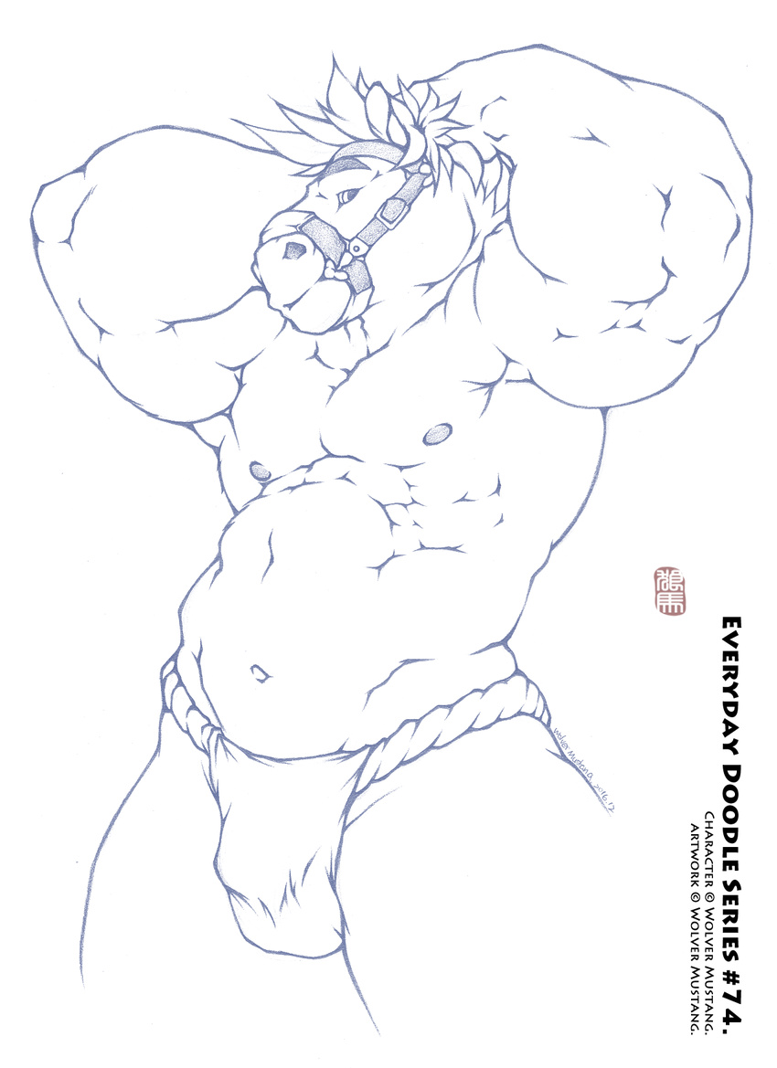 armpits bit_gag bulge clothed clothing equine fundoshi gag harness_bit_gag horse japanese_clothing line_art looking_at_viewer low-angle_view male mammal monochrome musclegut navel nipples pinup pose raised_arm signature solo topless underwear wolver_mustang