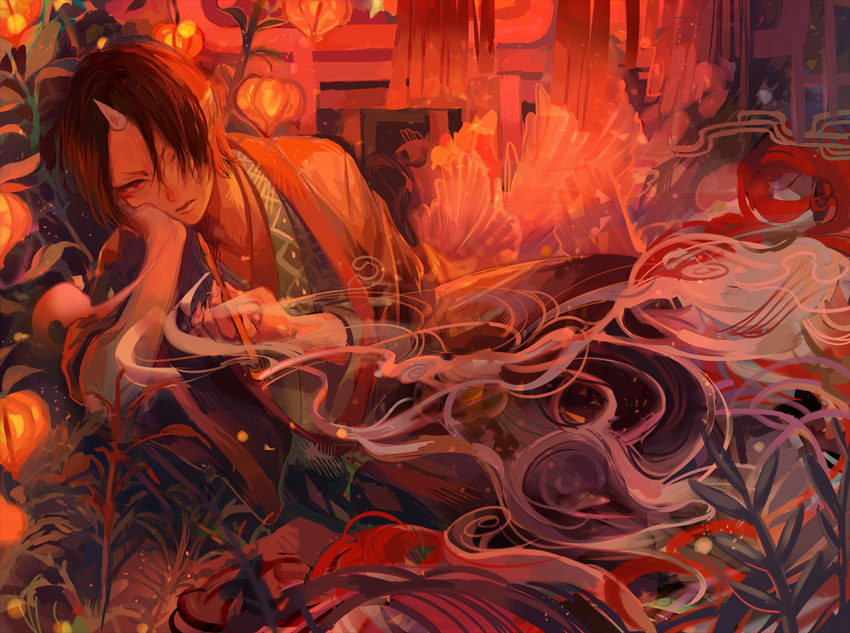angry black_hair chinese_lantern_(plant) eyelashes fang fingernails fireflies fringe_trim hair_over_one_eye hand_on_own_cheek head_rest holding holding_pipe hoozuki_(hoozuki_no_reitetsu) hoozuki_no_reitetsu horn japanese_clothes kiseru koby leaning_to_the_side light_particles long_fingernails long_sleeves looking_at_viewer male_focus oni oni_horns parted_lips pipe plant pointy_ears red red_eyes sharp_fingernails sitting smoke smoking solo torii wide_sleeves