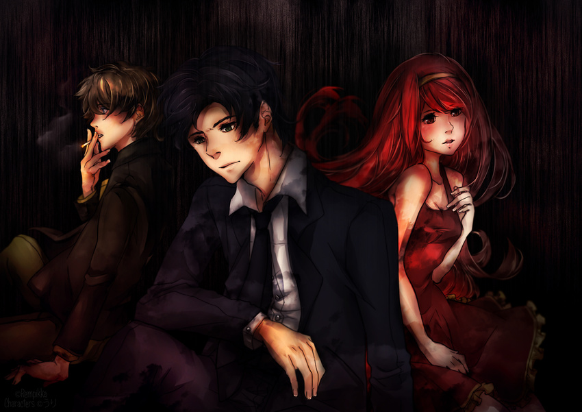 2boys bangs black_hair black_jacket blonde_hair blue_eyes business_suit cigarette david_hoover dress formal hairband highres holding jacket keith_baring long_hair multiple_boys necktie red_hair rempikka short_hair sophie_grundler suit the_boogie_man the_crooked_man the_sandman_(video_game)