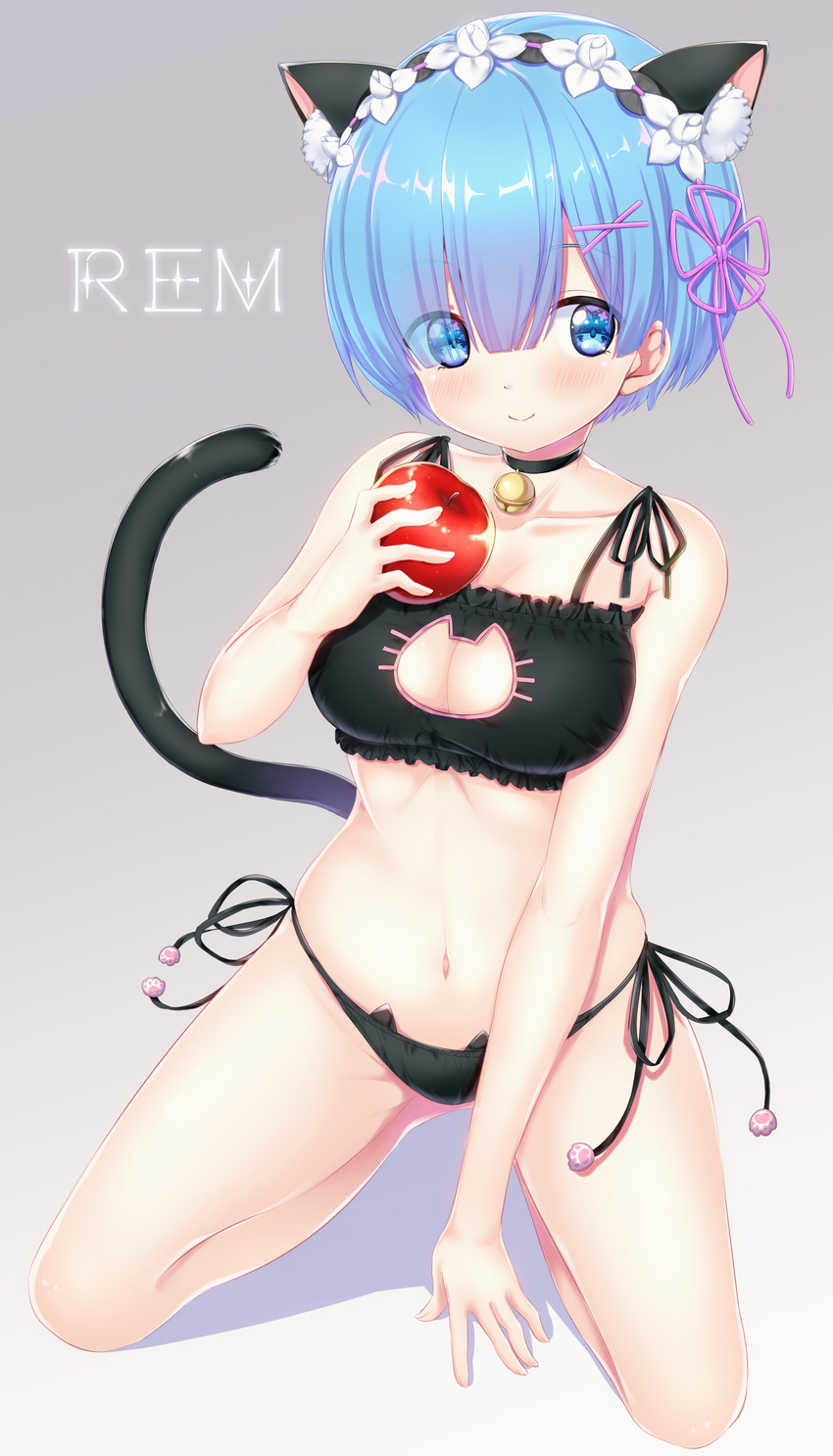 absurdres animal_ears animal_print apple bad_id bad_pixiv_id bangs bell bell_collar blue_eyes blue_hair blush breasts cat_cutout cat_ears cat_lingerie cat_panties cat_print cat_tail character_name cleavage cleavage_cutout closed_mouth collar collarbone commentary_request eyebrows_visible_through_hair eyes_visible_through_hair food fruit full_body gradient gradient_background grey_background hair_ornament hair_over_one_eye hair_ribbon highres hio_(hiohio0306) holding holding_food holding_fruit jingle_bell kneeling large_breasts looking_at_viewer maid_headdress meme_attire panties print_panties purple_ribbon re:zero_kara_hajimeru_isekai_seikatsu rem_(re:zero) ribbon shadow short_hair side-tie_panties smile solo tail underwear underwear_only x_hair_ornament